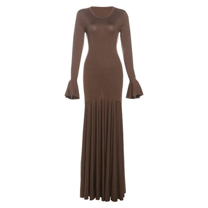 round Neck Waist Trimming Flared Long Sleeve Dress Elegant Fishtail Solid Color Dress