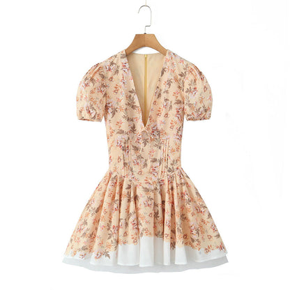 Positioning Printed V Neck Waist Tight Petti dress Holiday Dress