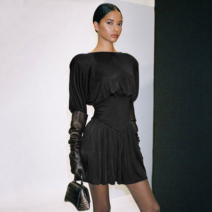 round Neck Lantern Sleeve Dress Slimming Pleated Dress