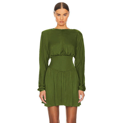 round Neck Lantern Sleeve Dress Slimming Pleated Dress