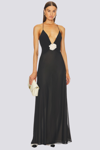 Deep V-Neck Spaghetti Strap Floral Rosette Applique Chiffon Maxi Gown