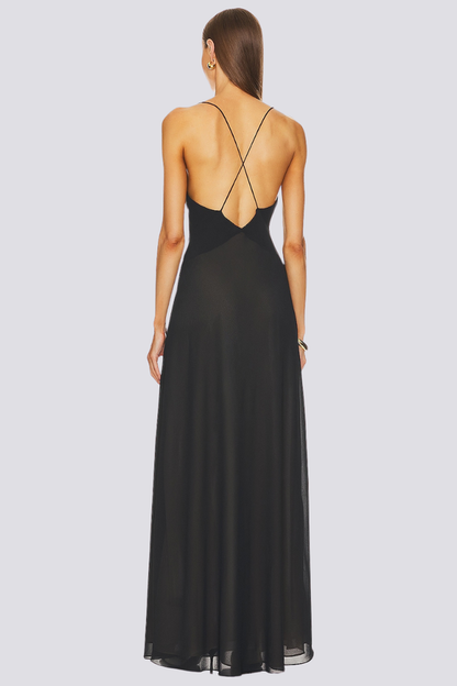Deep V-Neck Spaghetti Strap Floral Rosette Applique Chiffon Maxi Gown