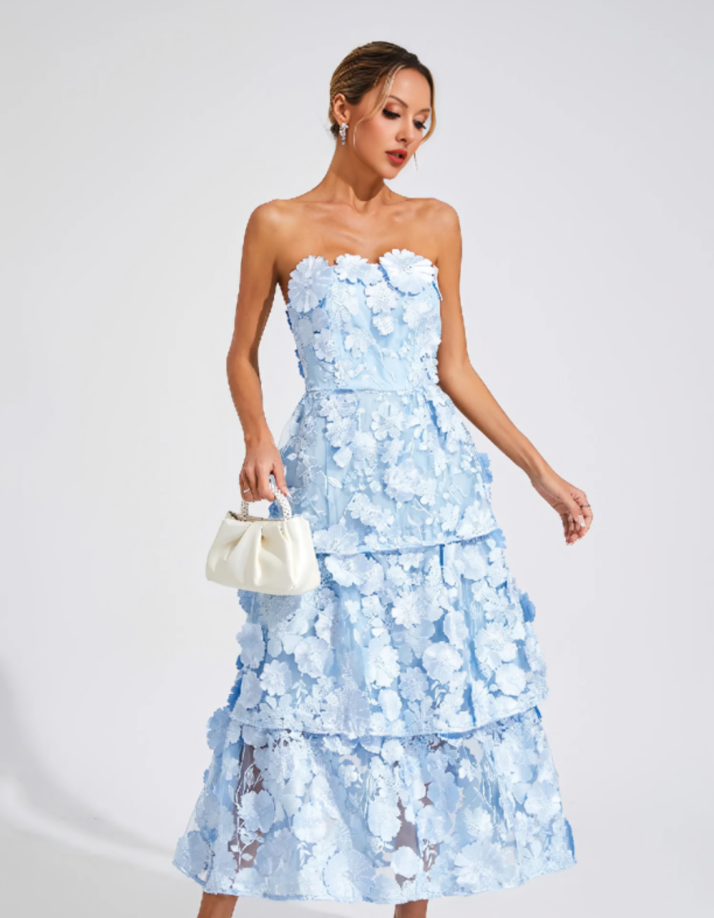 | 3D Floral Tiers Strapless Midi Dress