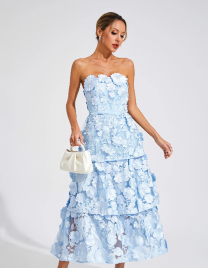 | 3D Floral Tiers Strapless Midi Dress