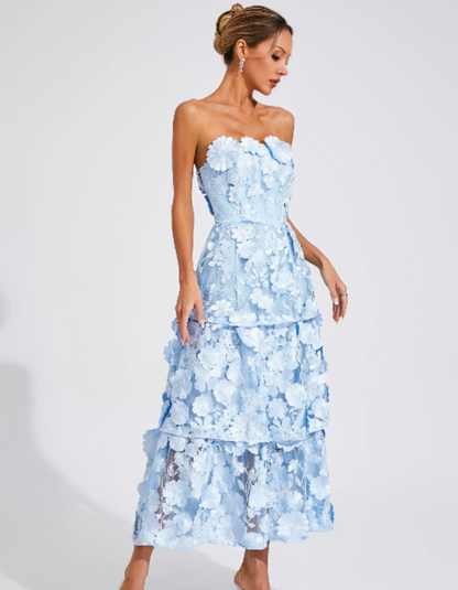 | 3D Floral Tiers Strapless Midi Dress