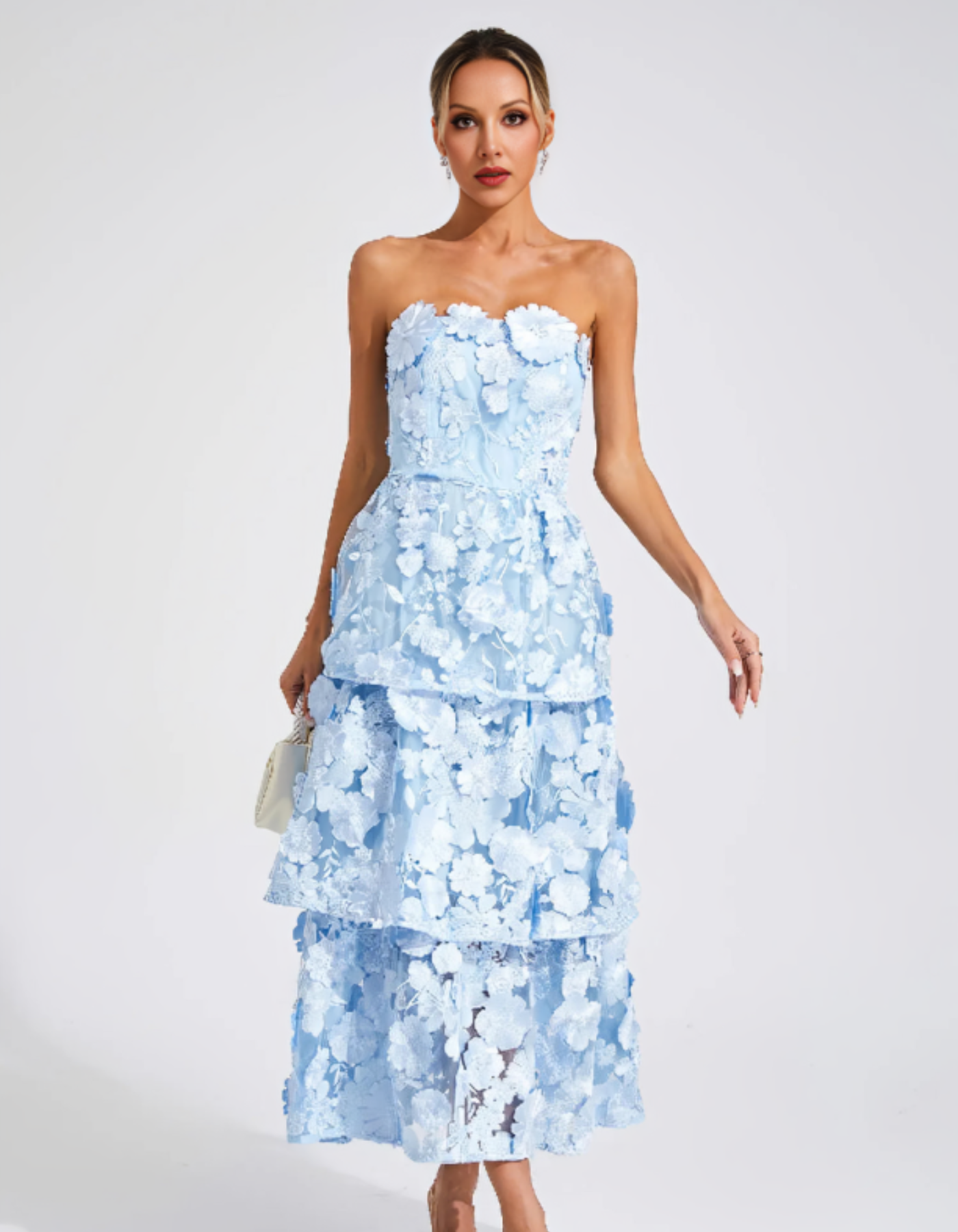| 3D Floral Tiers Strapless Midi Dress