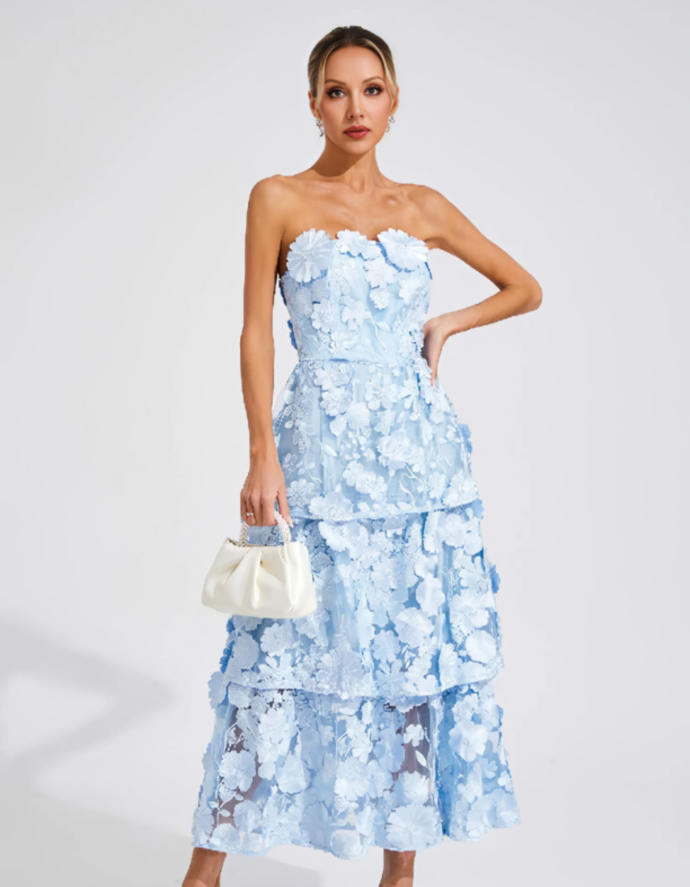 | 3D Floral Tiers Strapless Midi Dress