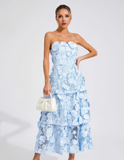 | 3D Floral Tiers Strapless Midi Dress
