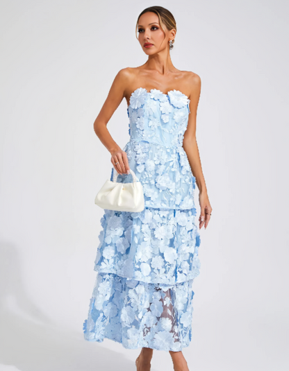 | 3D Floral Tiers Strapless Midi Dress