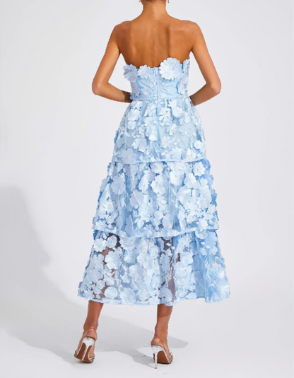 | 3D Floral Tiers Strapless Midi Dress