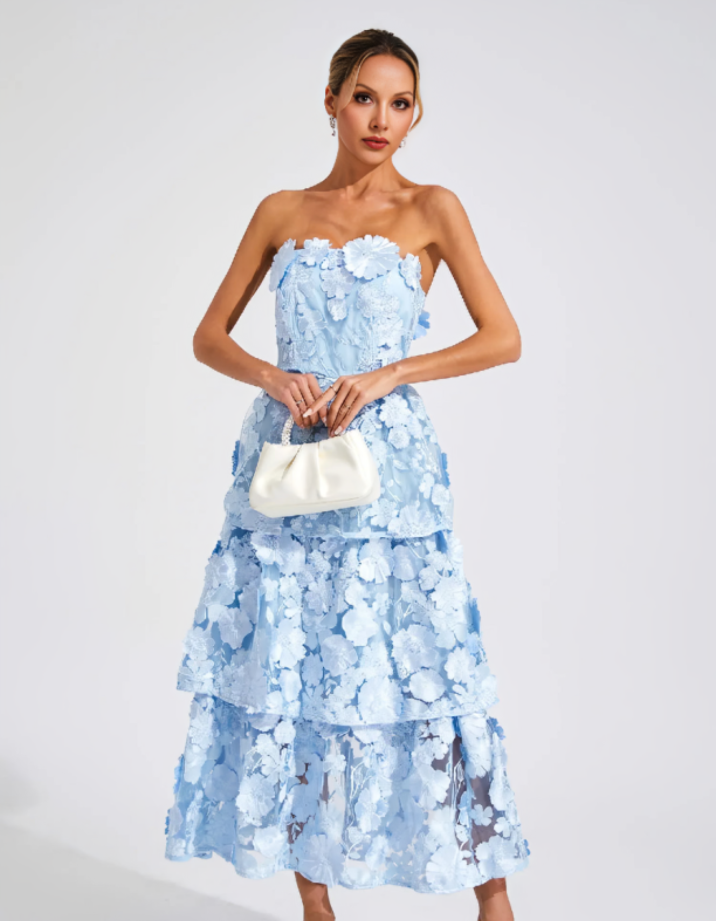 | 3D Floral Tiers Strapless Midi Dress