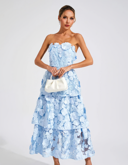 | 3D Floral Tiers Strapless Midi Dress