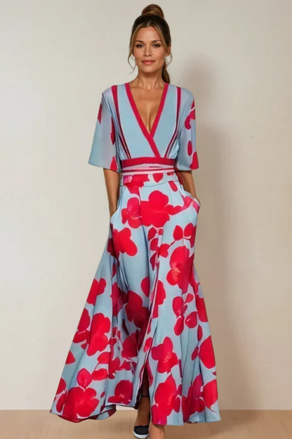 | Floral Contrast V-neck Maxi Dress
