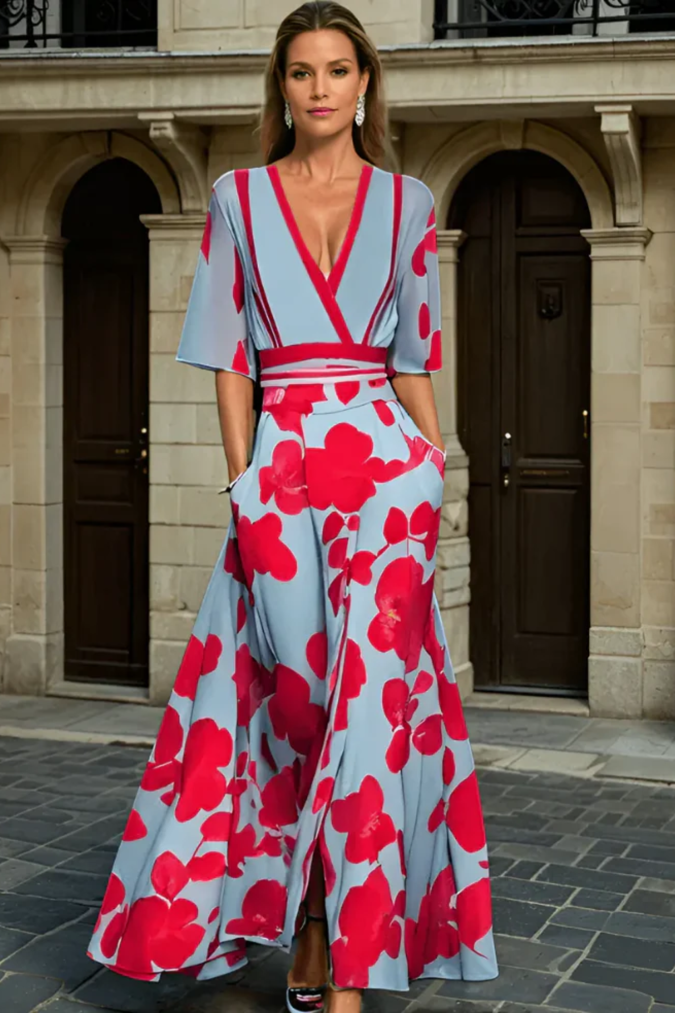 | Floral Contrast V-neck Maxi Dress
