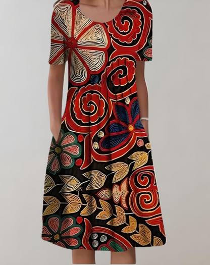 Scoop Neck Short Sleeve Graphic Floral Print Pocket Midi Dress