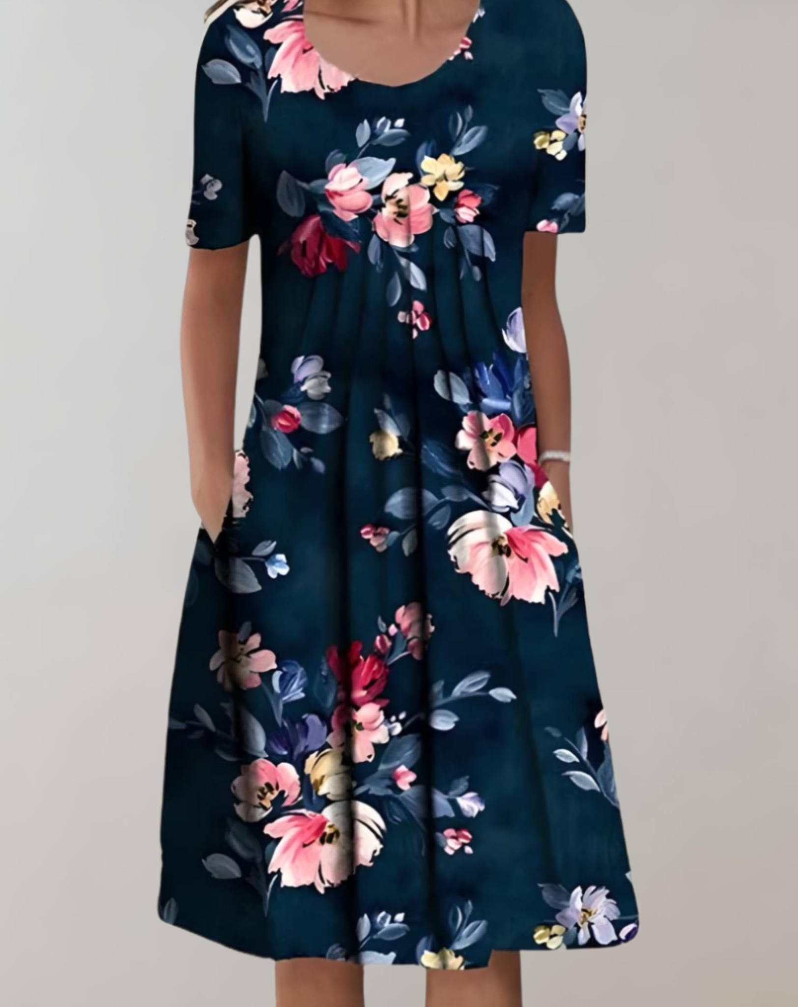 Scoop Neck Short Sleeve Graphic Floral Print Pocket Midi Dress