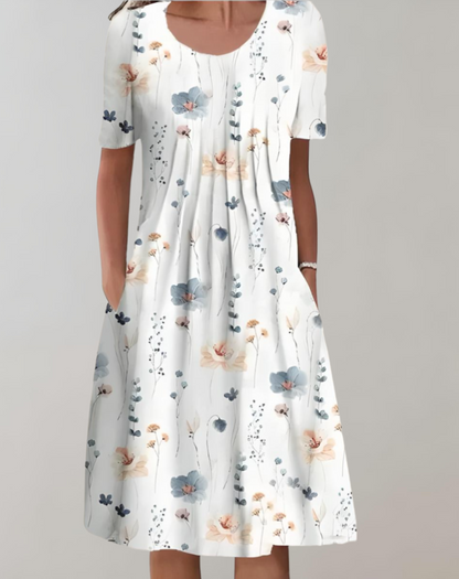 Scoop Neck Short Sleeve Graphic Floral Print Pocket Midi Dress