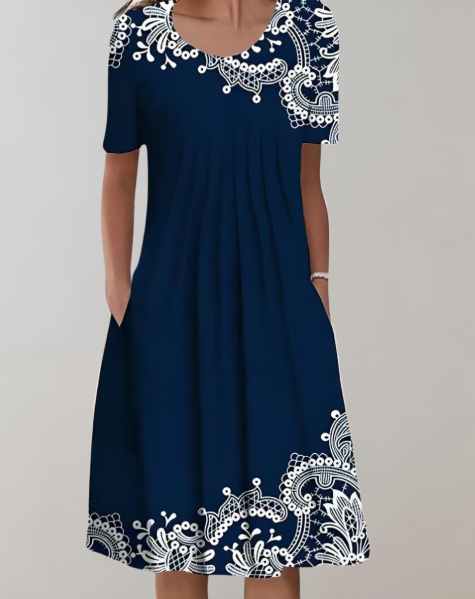 Scoop Neck Short Sleeve Graphic Floral Print Pocket Midi Dress