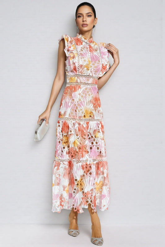 Bria Orange Hollow Sleeveless Midi Dress
