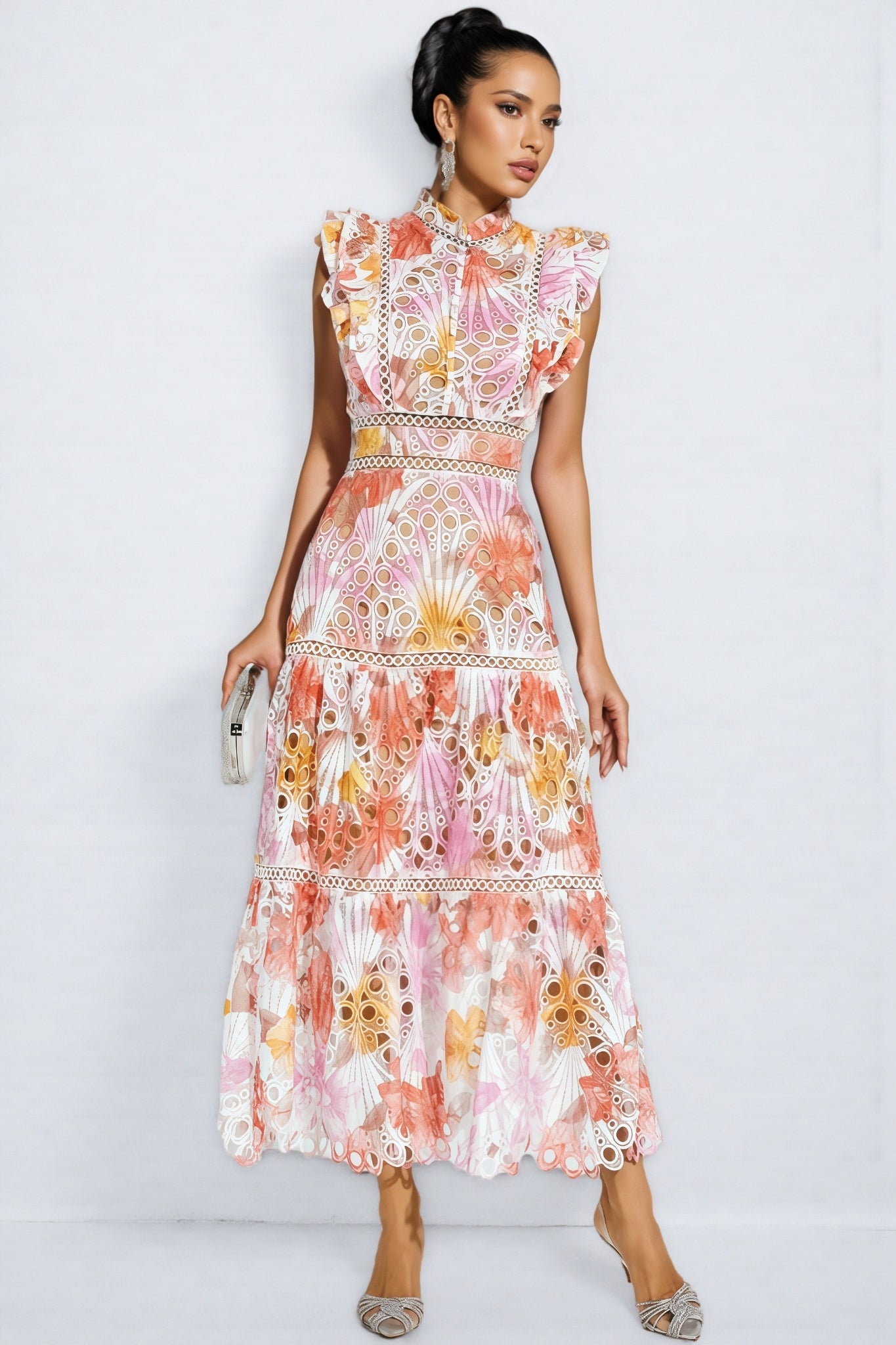 Bria Orange Hollow Sleeveless Midi Dress