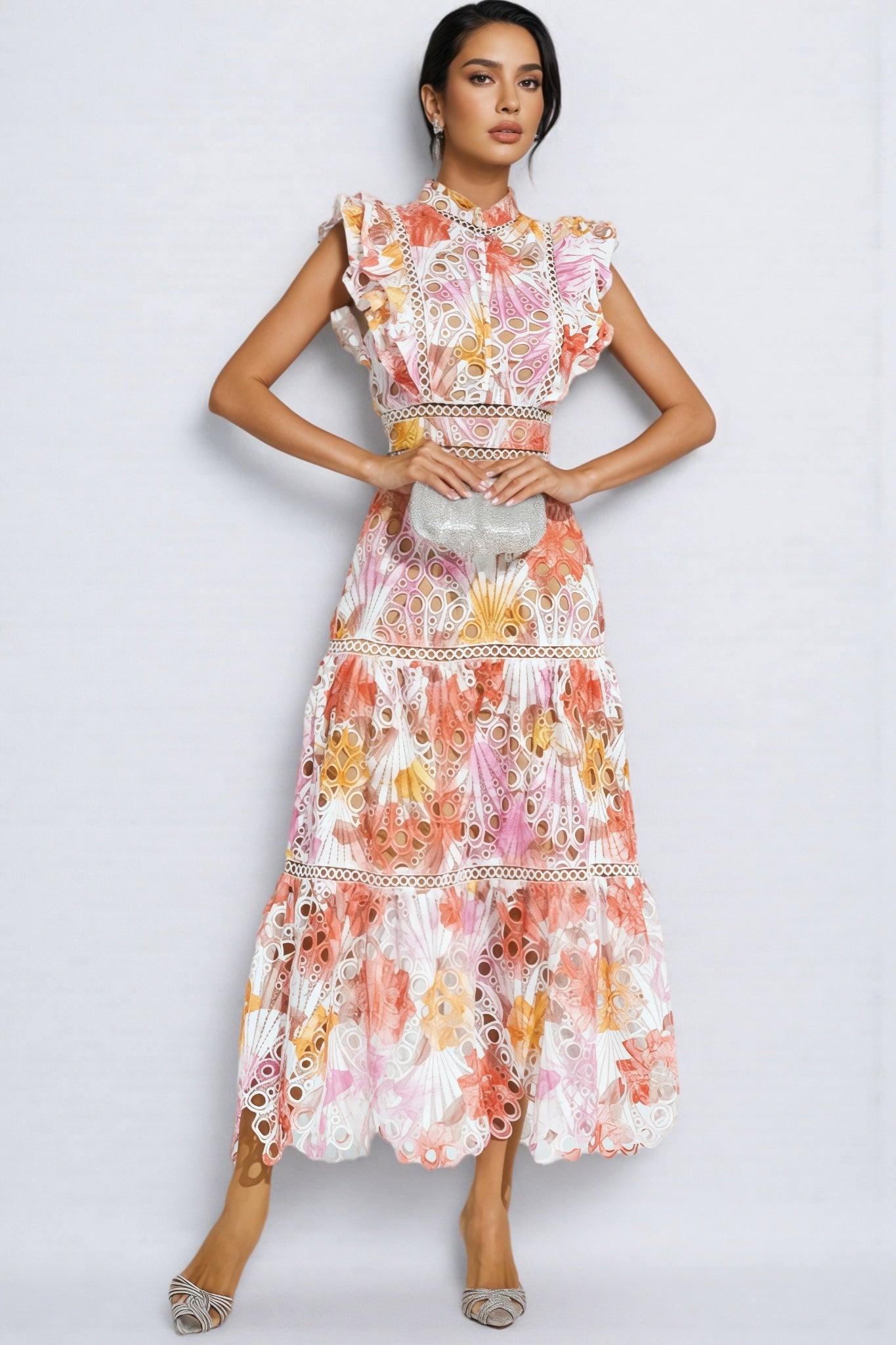 Bria Orange Hollow Sleeveless Midi Dress