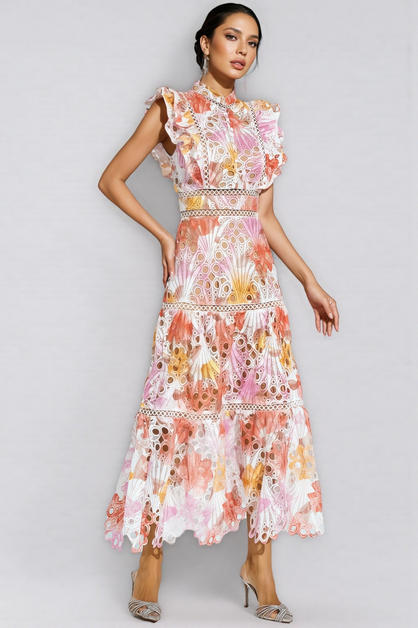 Bria Orange Hollow Sleeveless Midi Dress