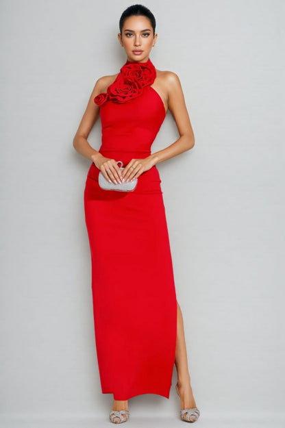 Emily Red Floral Ruched Halter Maxi Dress