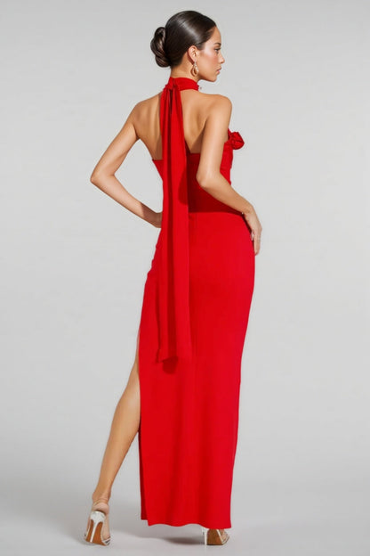 Emily Red Floral Ruched Halter Maxi Dress