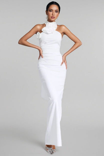 Hilia White Floral Ruched Halter Maxi Dress
