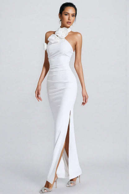 Hilia White Floral Ruched Halter Maxi Dress