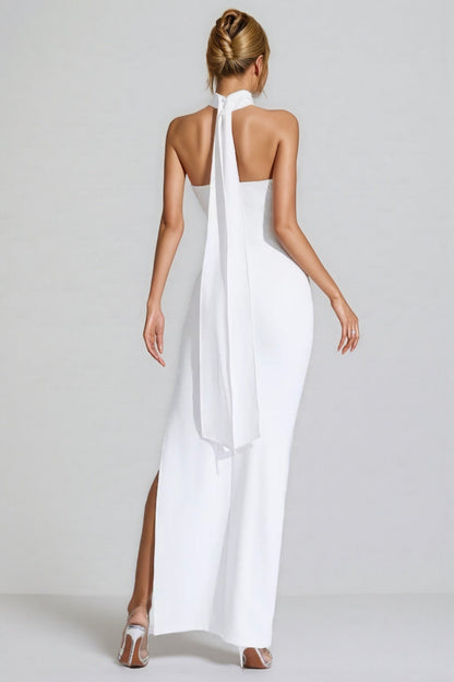 Hilia White Floral Ruched Halter Maxi Dress