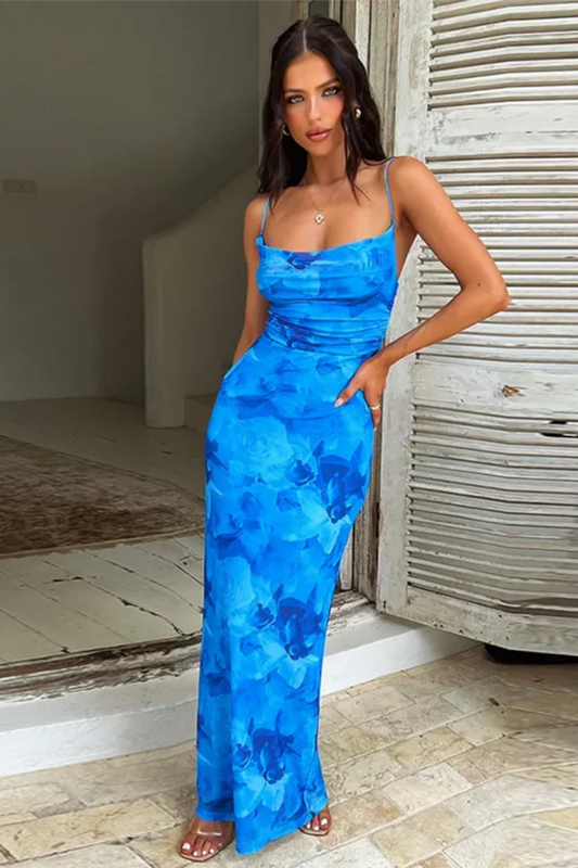| Cowl Neck Maxi Dress in Sapphire Bloom