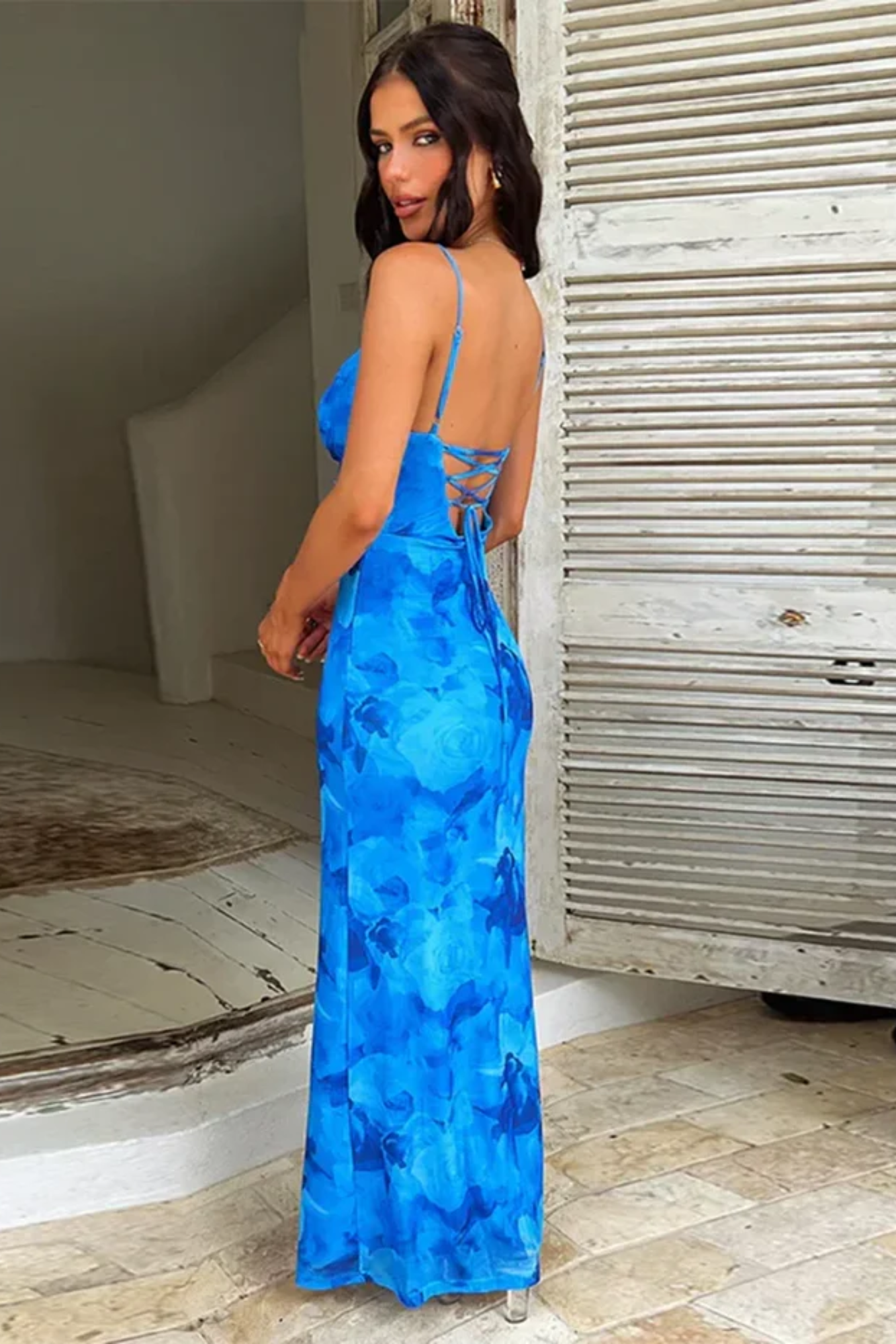 | Cowl Neck Maxi Dress in Sapphire Bloom