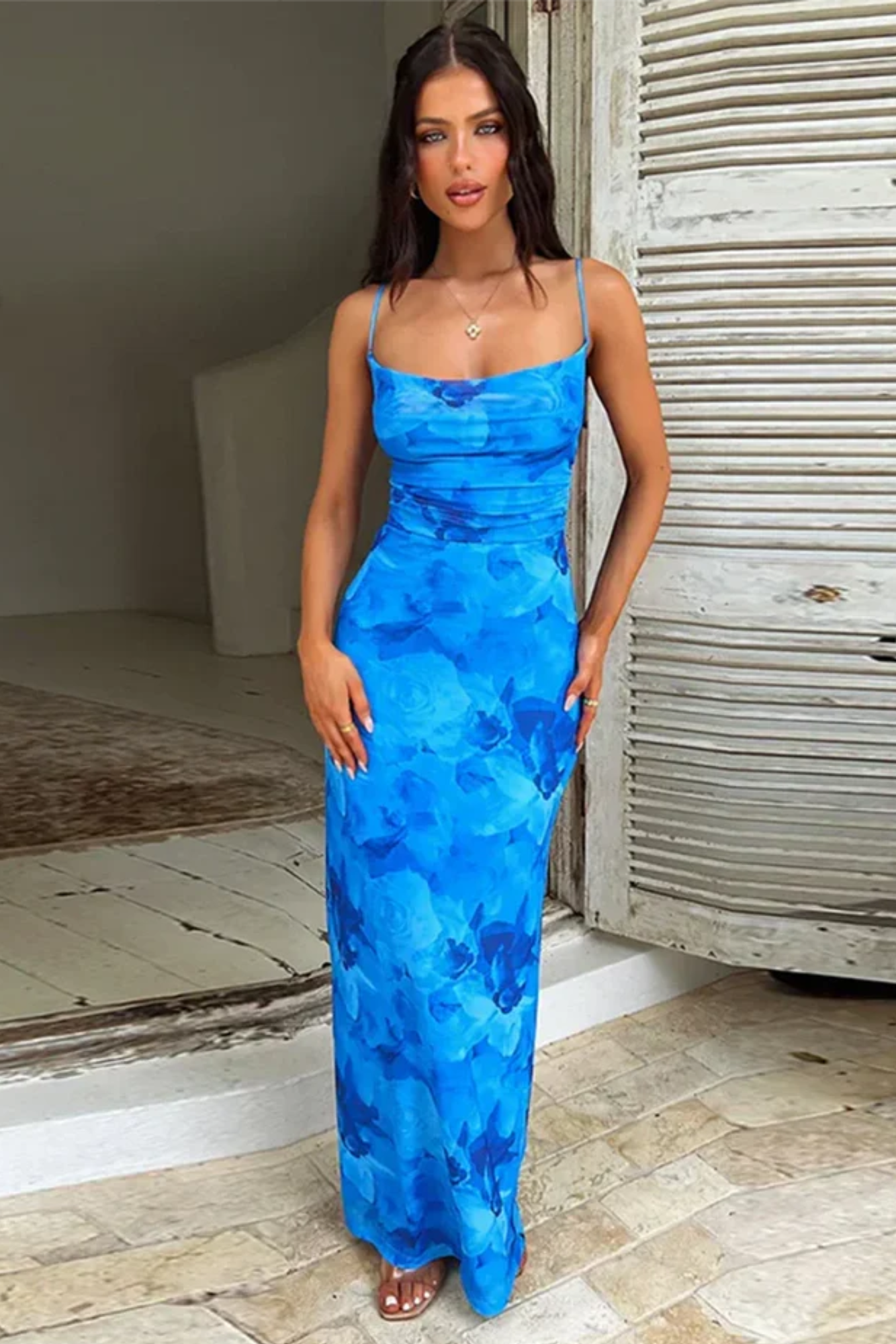 | Cowl Neck Maxi Dress in Sapphire Bloom