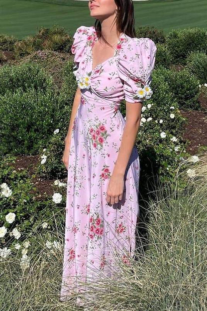 Floral Sweetheart Neck Puff Sleeve Midi Dress