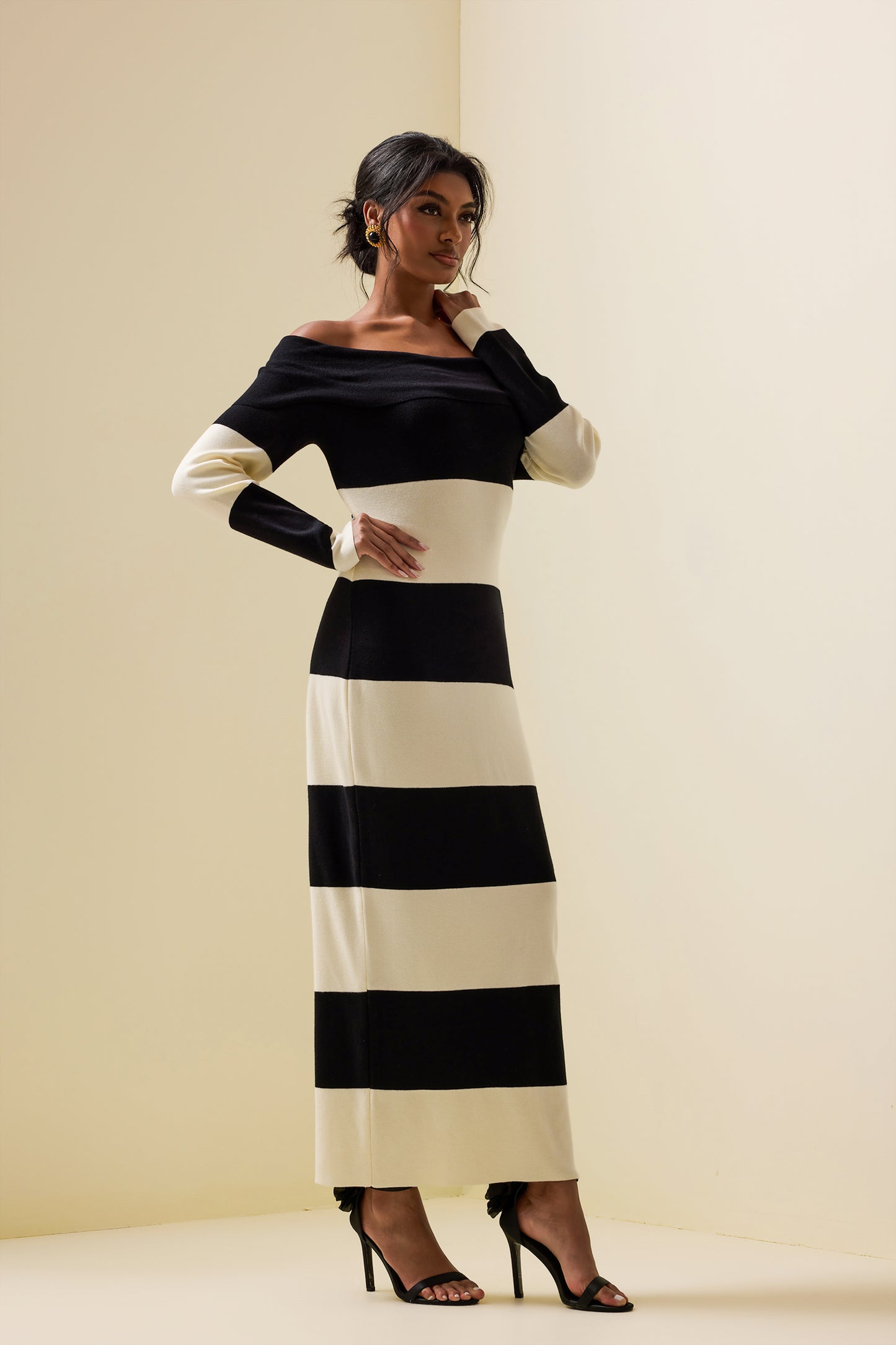 Jersey Stripe Off-Shoulder Midi Dress