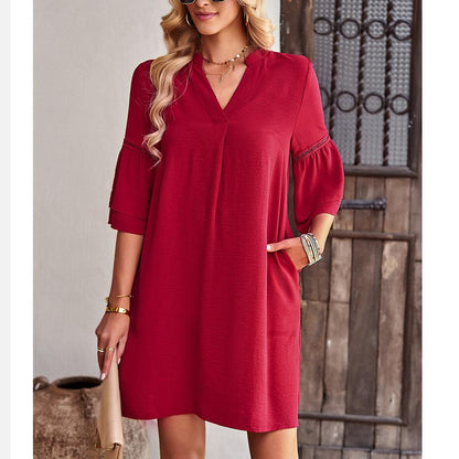 V-Neck Ruffle Sleeve Pocket Mini Dress in Four Colors