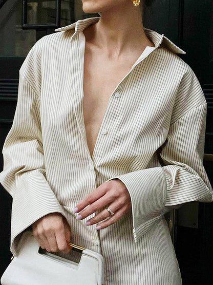 Flared Sleeves Long Sleeves Buttoned Striped Lapel Mini Dresses Shirt Dress