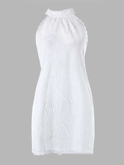 Loose Sleeveless Hollow Solid Color Split-Joint Zipper Stand Collar Mini Dresses