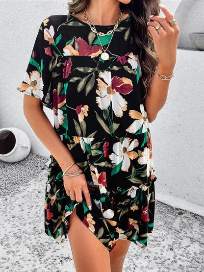 Botanical print short-sleeved tiered mini dress