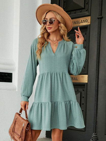 Shift Dresses V-Neck Pleated Dark Green Casual Long Sleeves Mini Dress