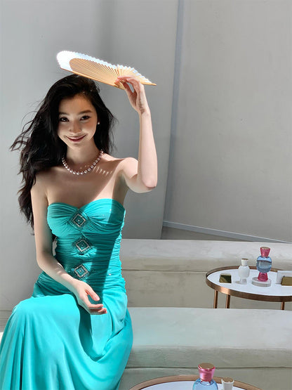 Teal Strapless Corset Maxi Dress – Sophisticated & Slimming Vacation Look