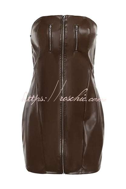 Sexy Off Shoulder Zippered Slim-fit Leather Mini Dress