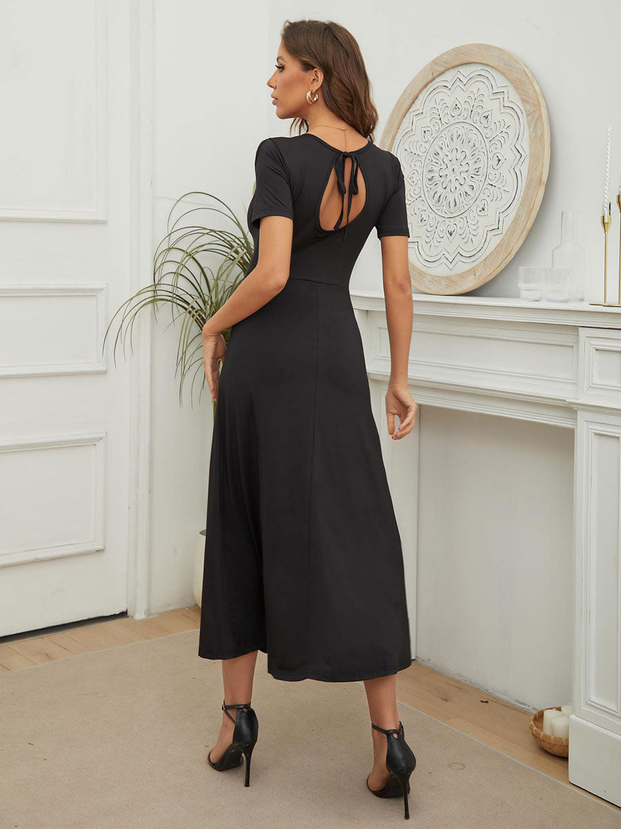 Cut Out Stretch Casual U-Neck Short Sleeves Midi Dress