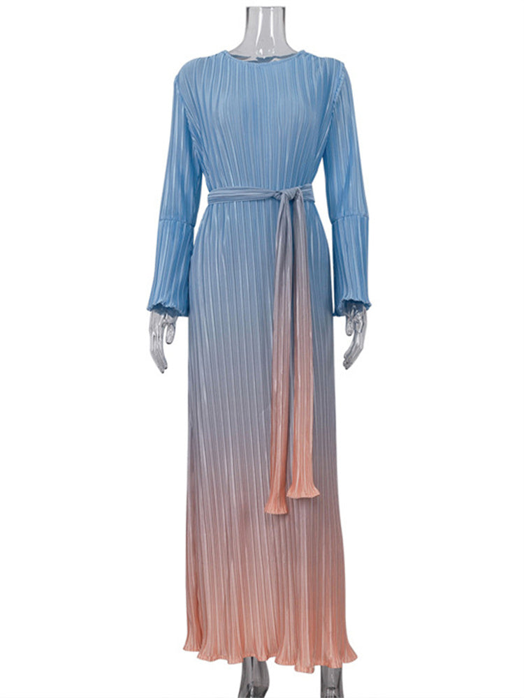Tossy Pleated Gradient Midi Dress Women’s Lace Up New Fashion Long Sleeved Loose Pullover Female High Waist Party Dress 2024