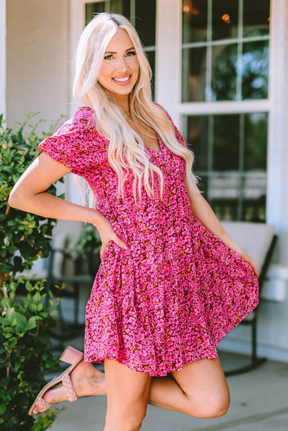 Rose Floral Print Puff Sleeve Babydoll Mini Dress