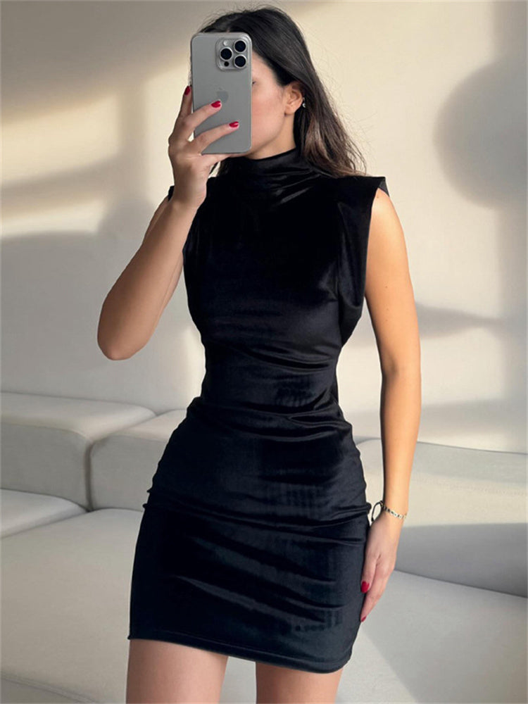 Tossy Satin Sleeveless Black Mini Dress Slim Female Casual Solid High Waist Solid Patchwork Elegant Black Dress Women Clothes