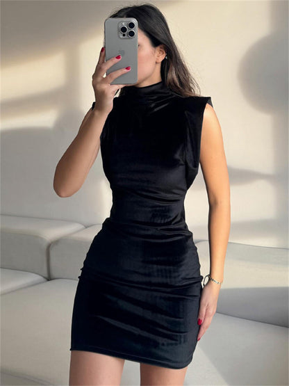 Tossy Satin Sleeveless Black Mini Dress Slim Female Casual Solid High Waist Solid Patchwork Elegant Black Dress Women Clothes