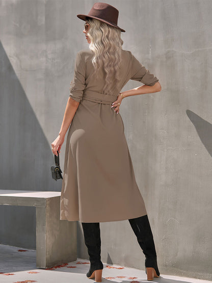 Turndown Collar Long Sleeves Midi Dress