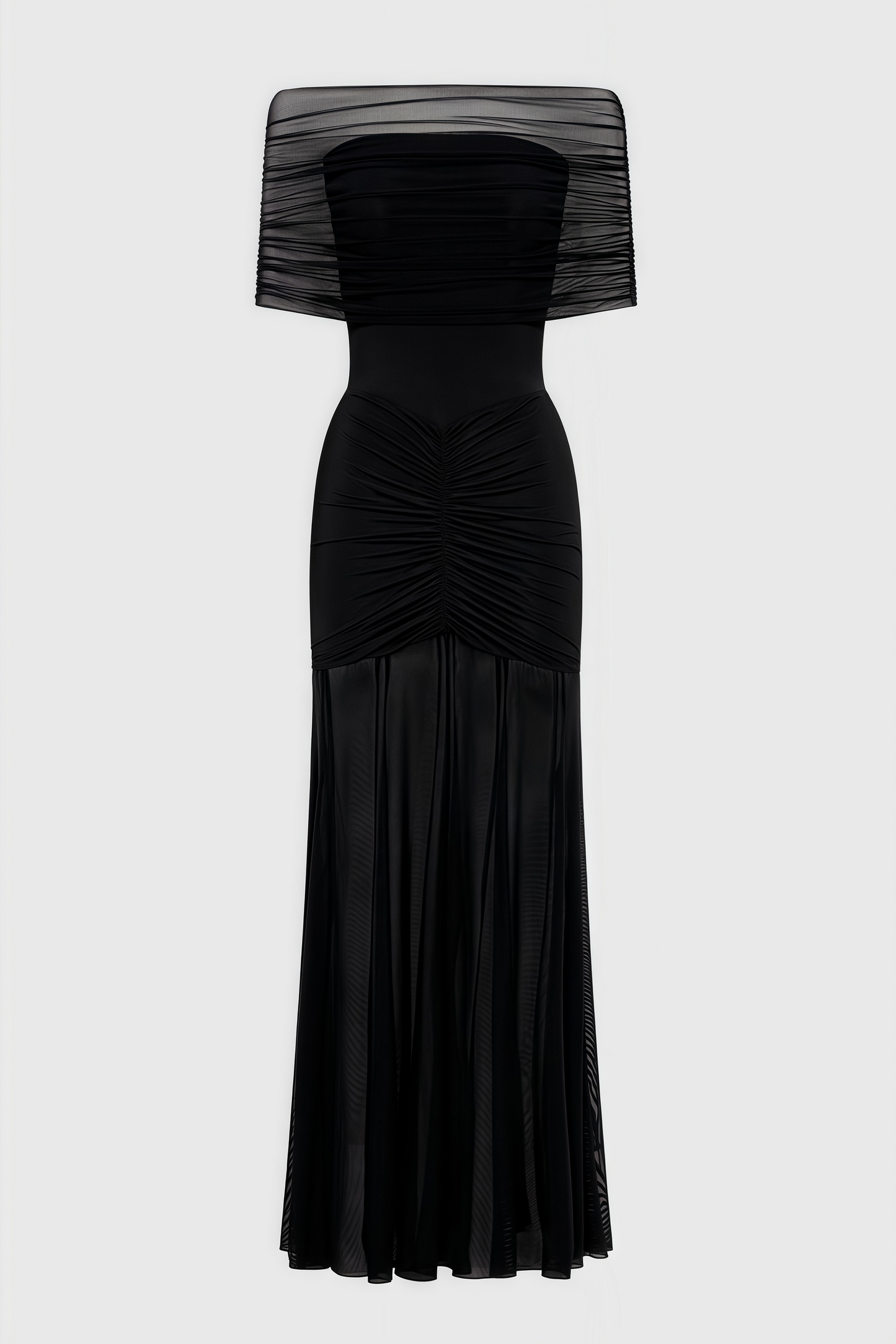 Nivenae Slinky And Mesh Off Shoulder Maxi Dress